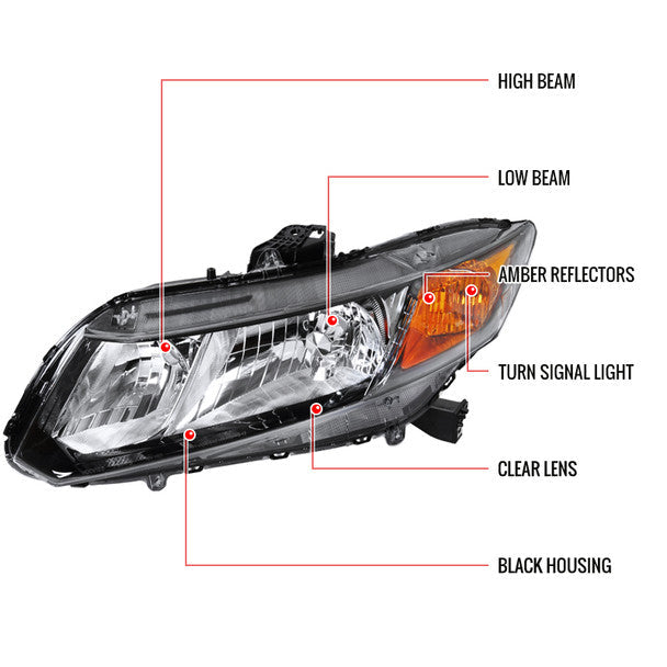 JDM Brand 2012-2013 Honda Civic Coupe / 2012-2015 Civic Sedan Crystal Headlights