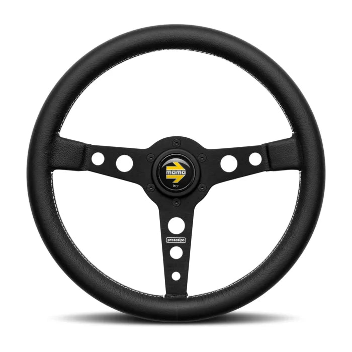 MOMO STEERING WHEEL PROTOTIPO BLACK LEATHER BRUSHED BLACK ANODIZED SPOKES (370MM