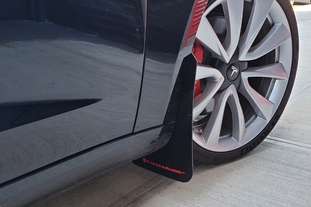 Rally Armor Mud Flaps Tesla 3 2017-23 (Black/Metallic Black Logo)