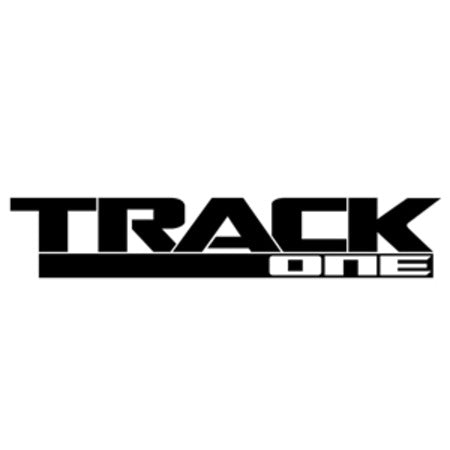 Track One Development logo in black on a light gray background, featuring a bold, angular 'TRACK' wordmark with 'ONE' integrated into the lower right section in a modern motorsport-inspired design