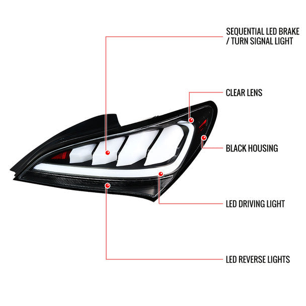 JDM Brand 2010-2016 Hyundai Genesis Coupe White Bar Sequential LED Tail Lights (Matte Black Housing/Clear Lens)