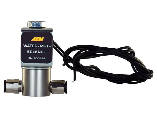 THE AEM WATER/METHANOL SOLENOID IS A 2-WAY, NORMALLY CLOSED 12V VALVE WITH STAIN