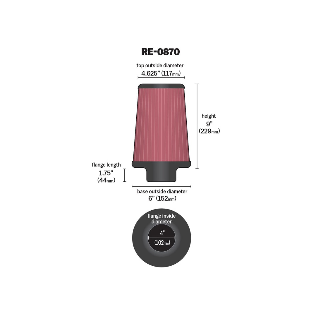 High-Flow Original Universal Air Filter - 4"FLG, 6"OD-B, 4-5/8"OD-T, 9"H