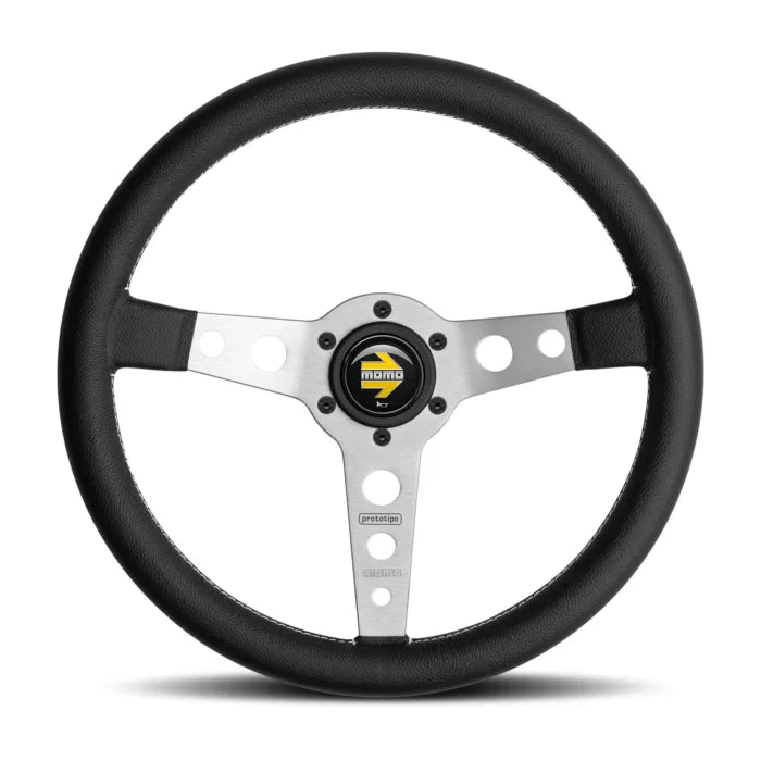 MOMO STEERING WHEEL PROTOTIPO BLACK LEATHER BRUSHED BLACK ANODIZED SPOKES (370MM